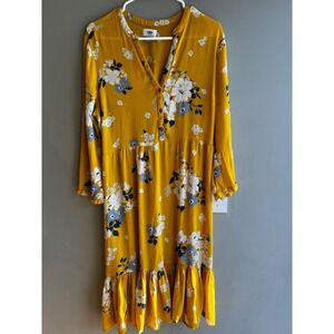Old Navy Floral Print Long Sleeve Button Front Midi Dress Yellow Boho Peasant L